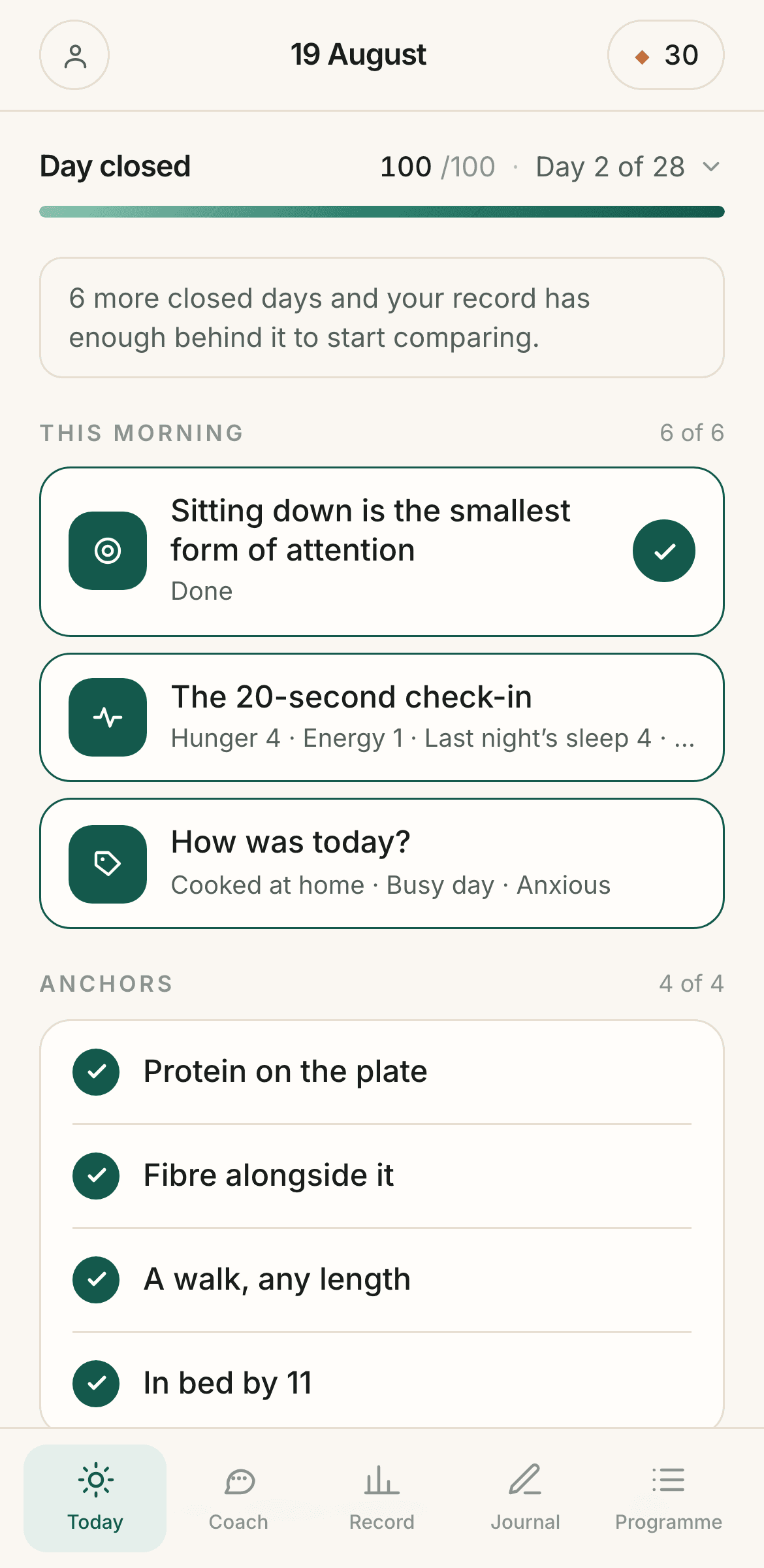 The PulseDays member home: score ring, today's action, Eat This